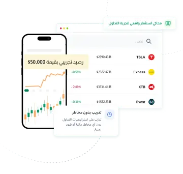 واجهة منصة تداول تجريبي مع رسوم بيانية وجداول بيانات مالية